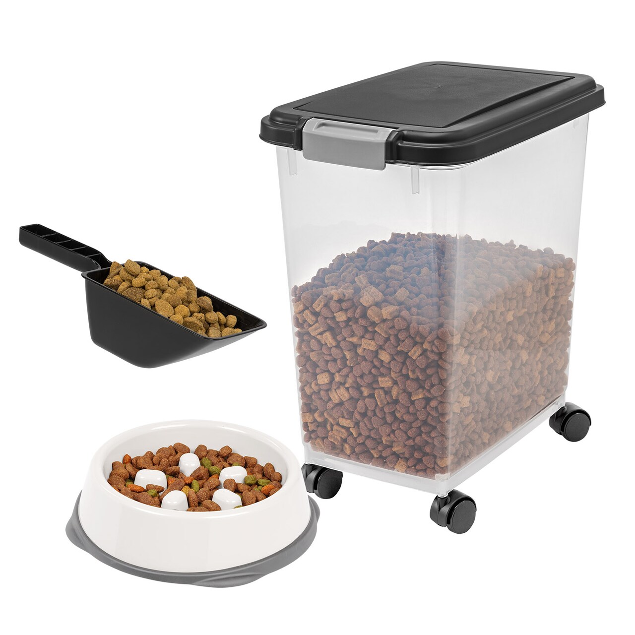 IRIS USA 30Lbs Airtight Dog Food Storage Container with 2-Cup Scoop and Slow Feeder Bowl Combo, Black